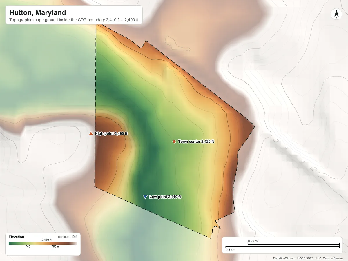 Topographic elevation map of Hutton, Maryland, shaded from 2,410 ft on the southwest side to 2,490 ft on the west edge, below higher ground just outside