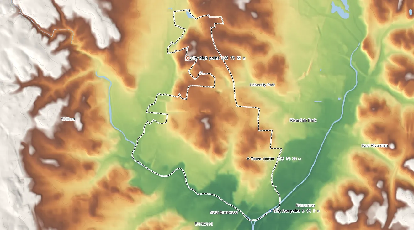 Topographic elevation map of Hyattsville, Maryland, shaded from 5 ft on the southeast side to 180 ft on the northwest side