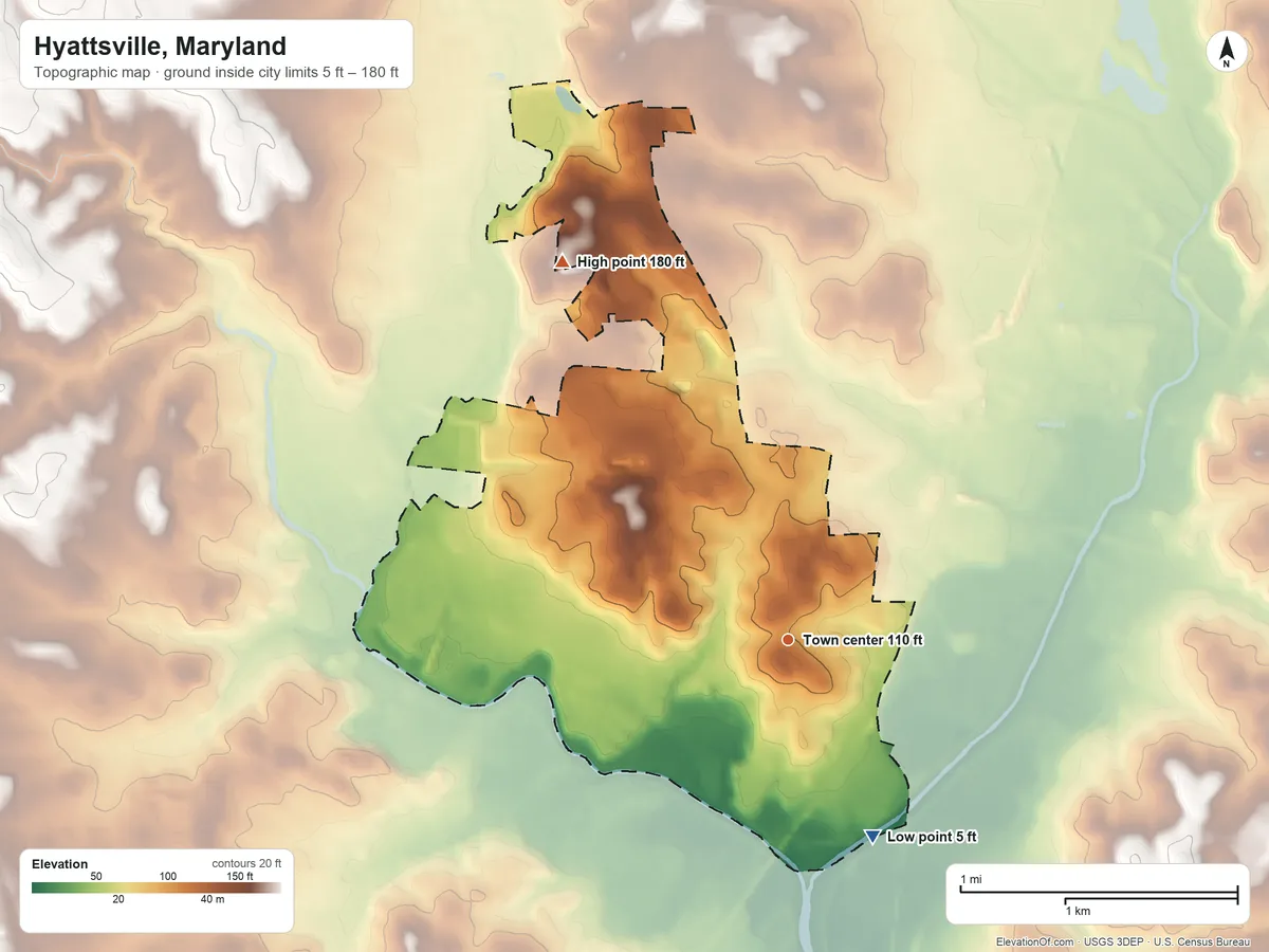 Topographic elevation map of Hyattsville, Maryland, shaded from 5 ft on the southeast side to 180 ft on the northwest side
