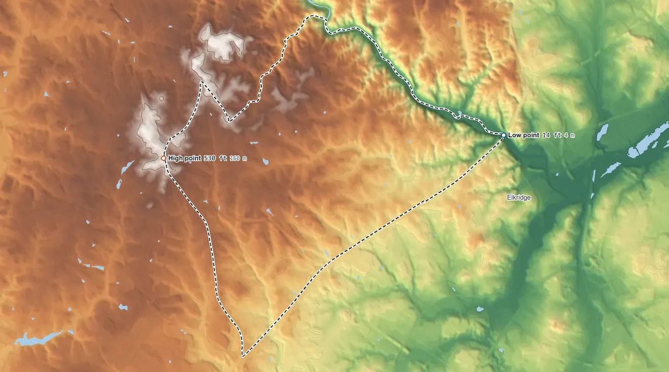 Topographic elevation map of Ilchester, Maryland, shaded from 14 ft on the east side to 530 ft on the northwest side