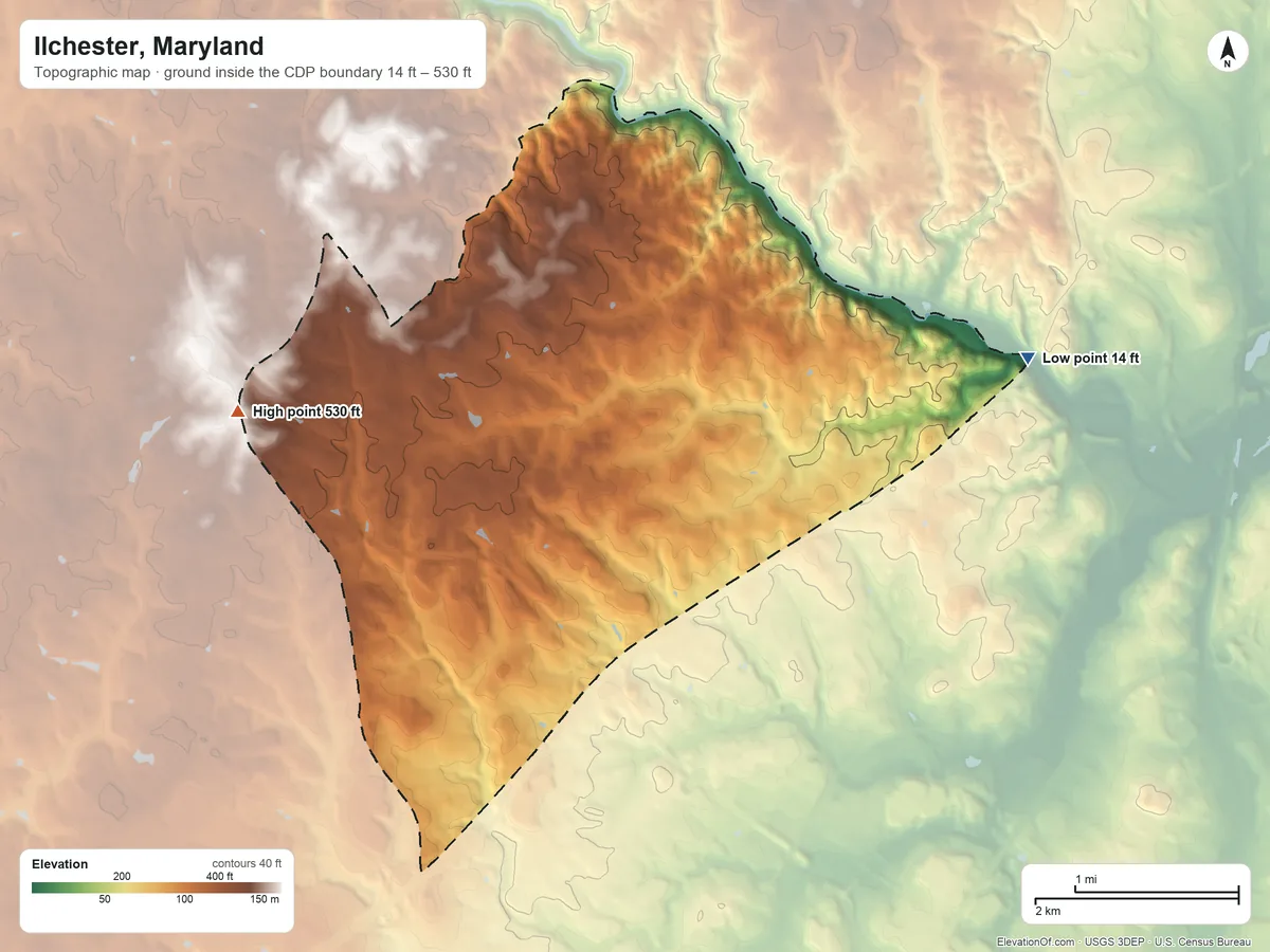 Topographic elevation map of Ilchester, Maryland, shaded from 14 ft on the east side to 530 ft on the northwest side