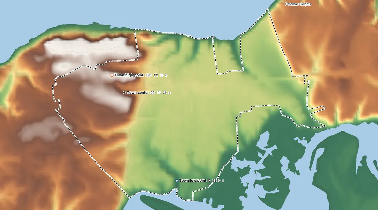 Topographic elevation map of Indian Head, Maryland, shaded from 0 ft on the southeast side to 120 ft near the middle
