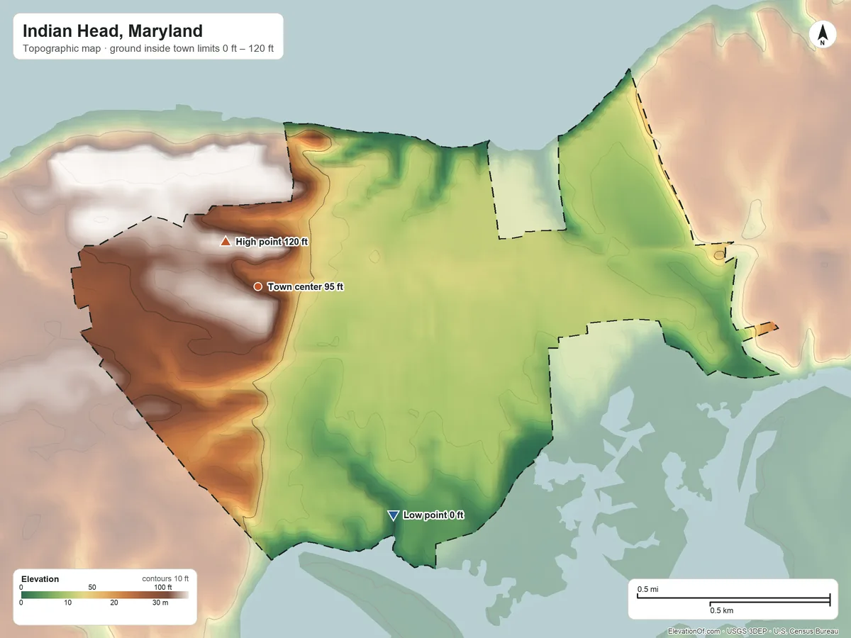 Topographic elevation map of Indian Head, Maryland, shaded from 0 ft on the southeast side to 120 ft near the middle