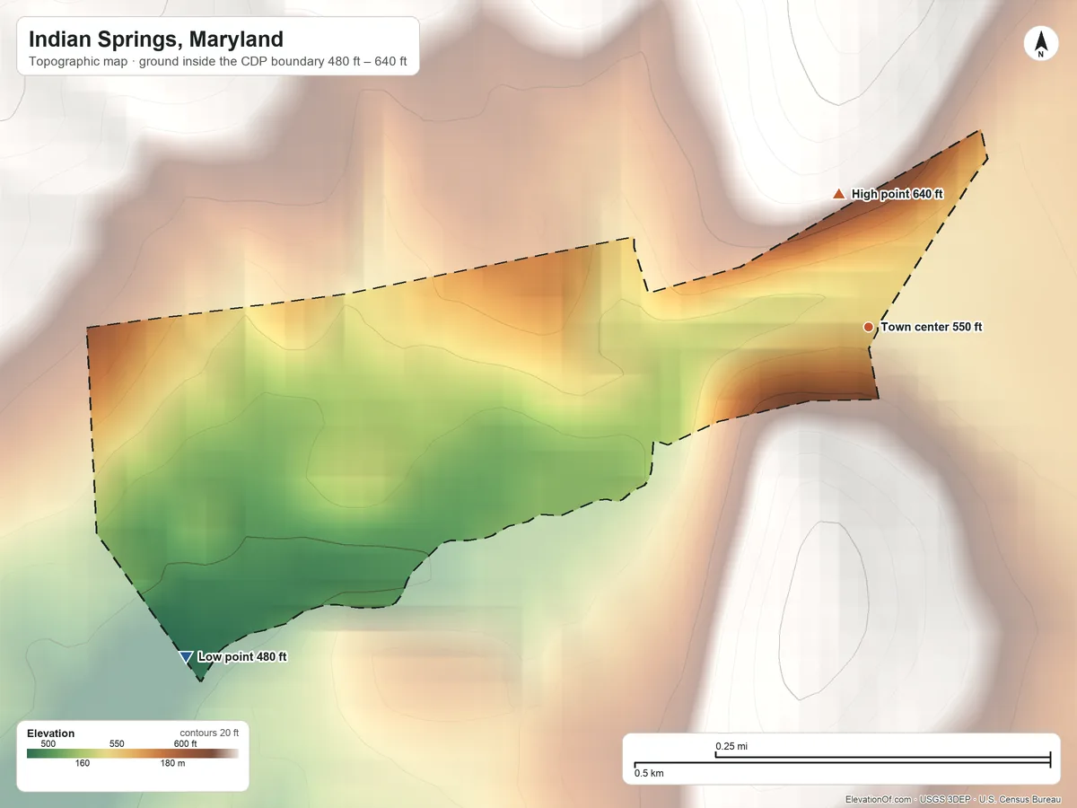 Topographic elevation map of Indian Springs, Maryland, shaded from 480 ft on the southwest side to 640 ft on the north edge, below higher ground just outside