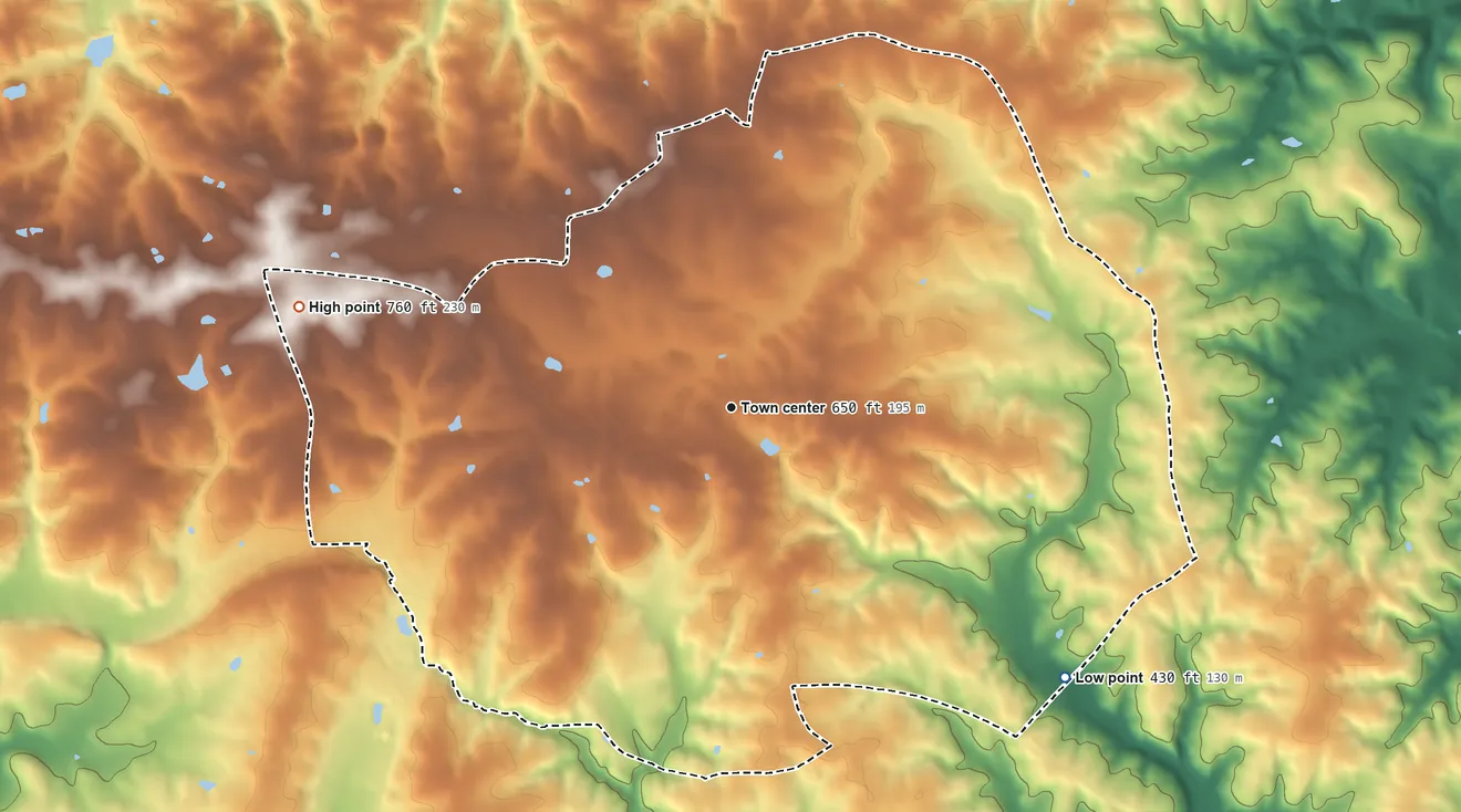 Topographic elevation map of Jarrettsville, Maryland, shaded from 430 ft on the southeast side to 760 ft on the west side