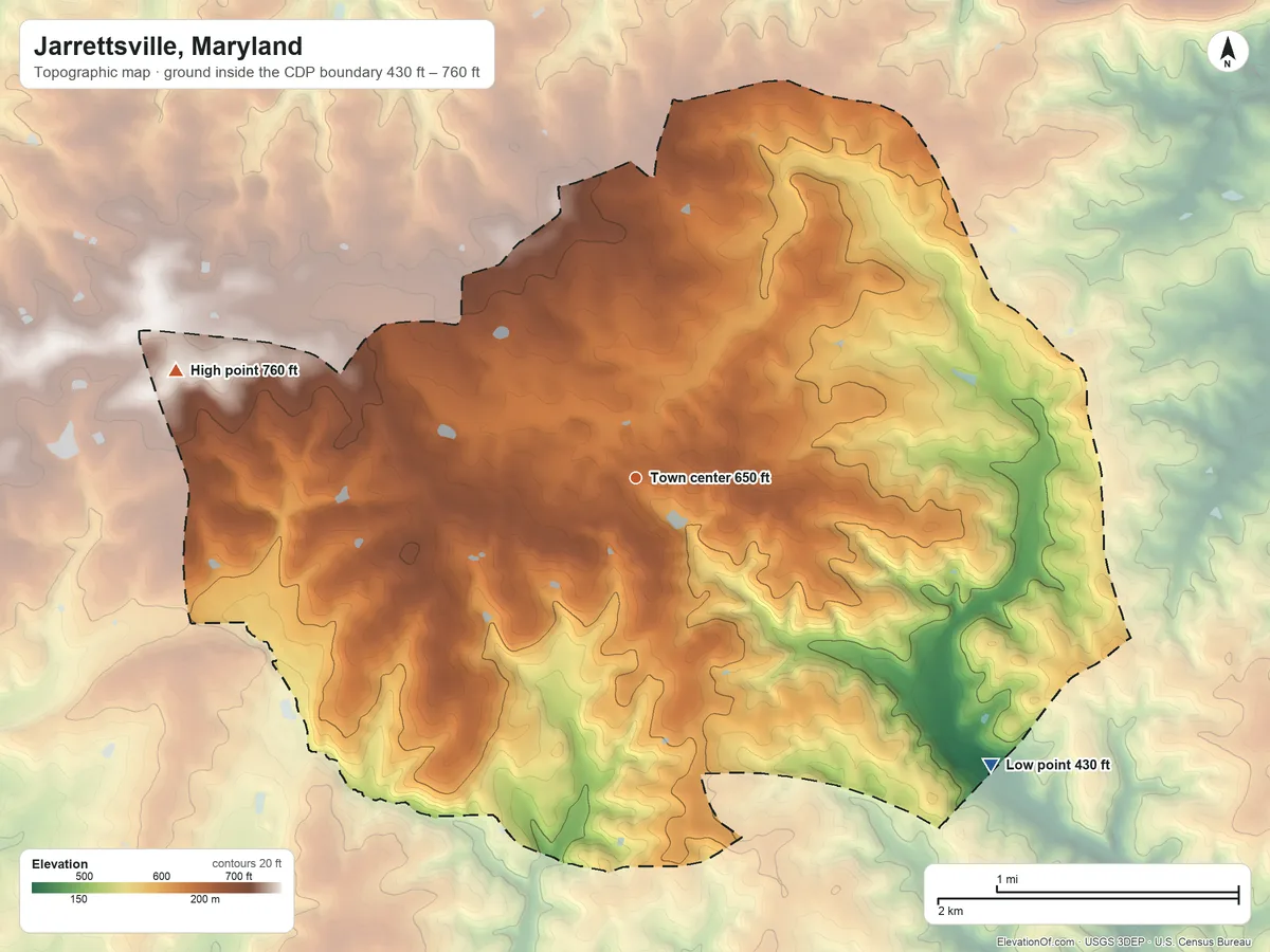 Topographic elevation map of Jarrettsville, Maryland, shaded from 430 ft on the southeast side to 760 ft on the west side