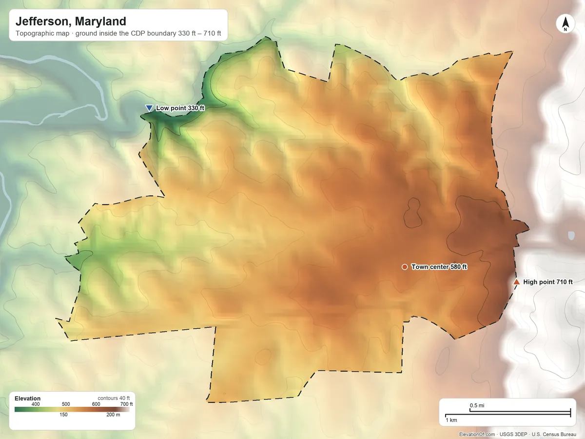 Topographic elevation map of Jefferson, Maryland, shaded from 330 ft on the northwest side to 710 ft on the east side