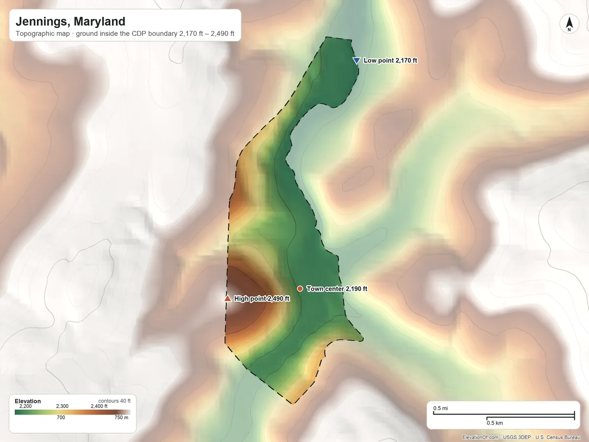 Topographic elevation map of Jennings, Maryland, shaded from 2,170 ft on the north side to 2,490 ft on the west side