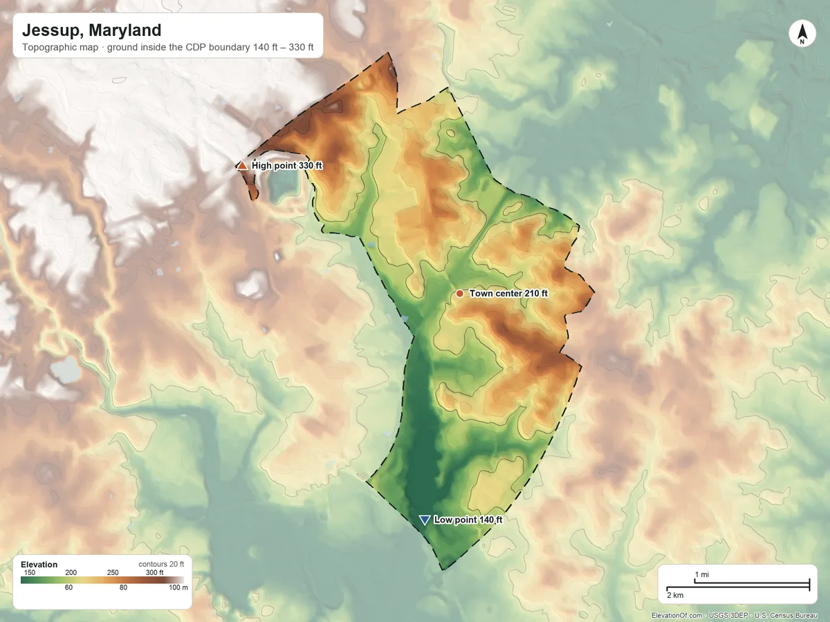Topographic elevation map of Jessup, Maryland, shaded from 140 ft on the south side to 330 ft on the northwest side
