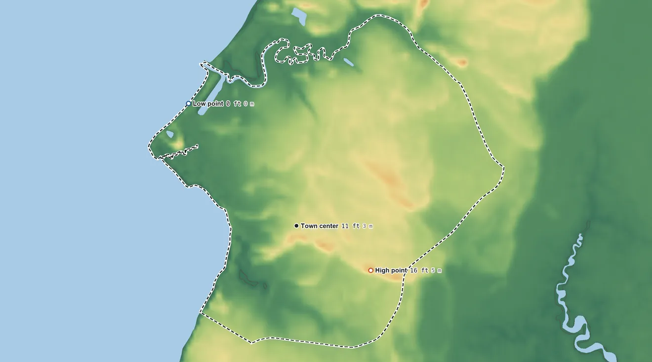 Topographic elevation map of Jesterville, Maryland, shaded from 0 ft on the northwest side to 16 ft on the southeast side