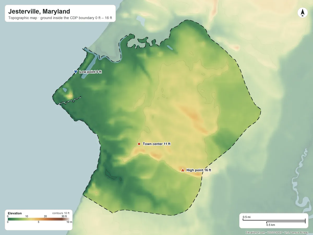 Topographic elevation map of Jesterville, Maryland, shaded from 0 ft on the northwest side to 16 ft on the southeast side