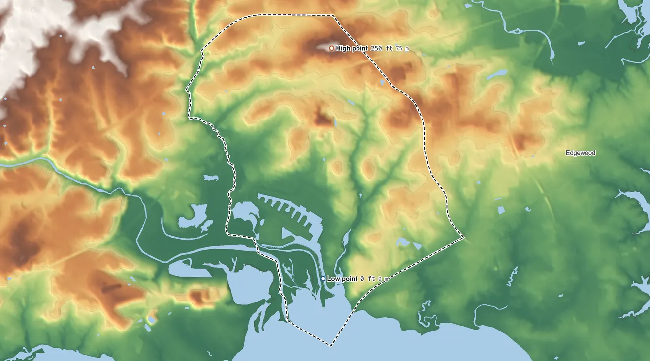 Topographic elevation map of Joppatowne, Maryland, shaded from sea level level on the Gunpowder Fls to 250 ft on the north side