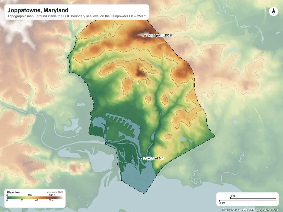 Topographic elevation map of Joppatowne, Maryland, shaded from sea level level on the Gunpowder Fls to 250 ft on the north side