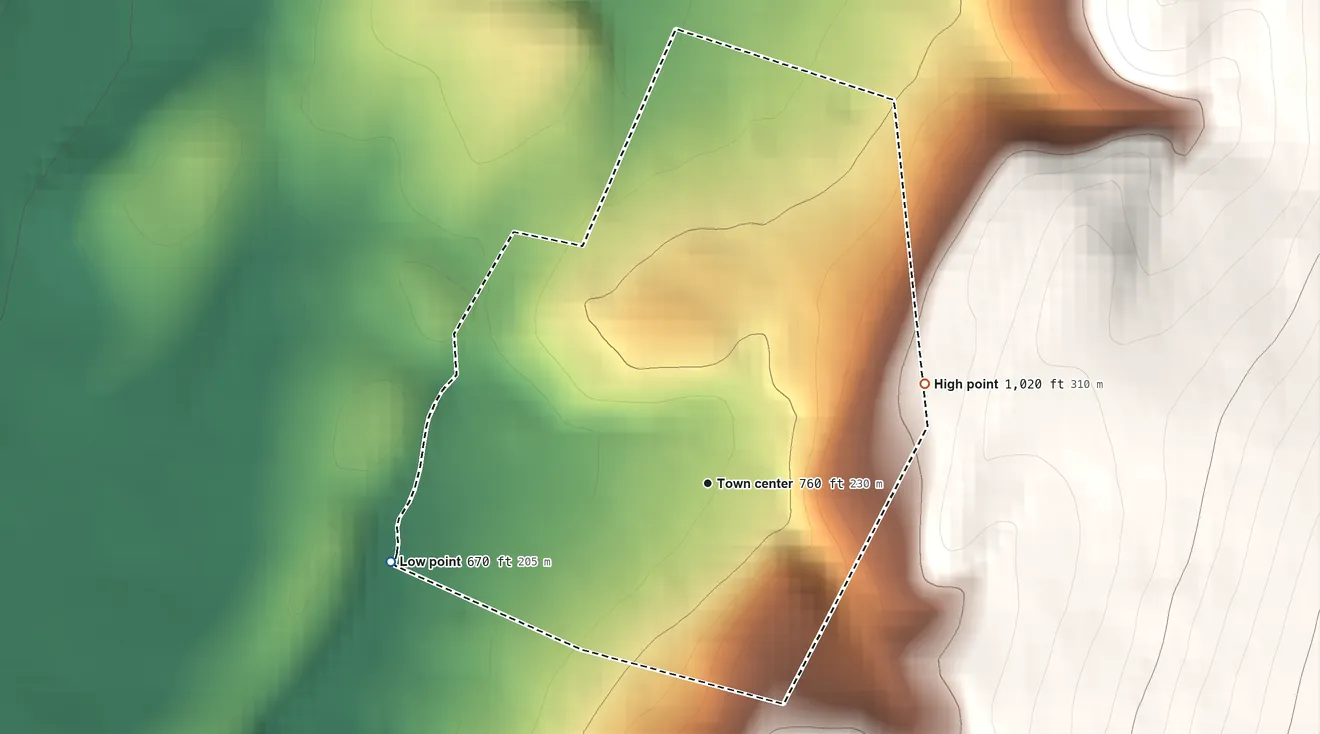 Topographic elevation map of Jugtown, Maryland, shaded from 670 ft on the west side to 1,020 ft on the northeast edge, below higher ground just outside