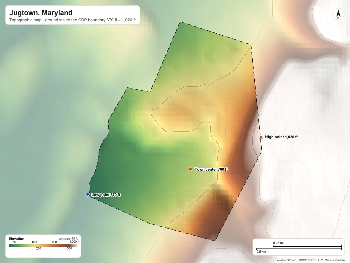 Topographic elevation map of Jugtown, Maryland, shaded from 670 ft on the west side to 1,020 ft on the northeast edge, below higher ground just outside