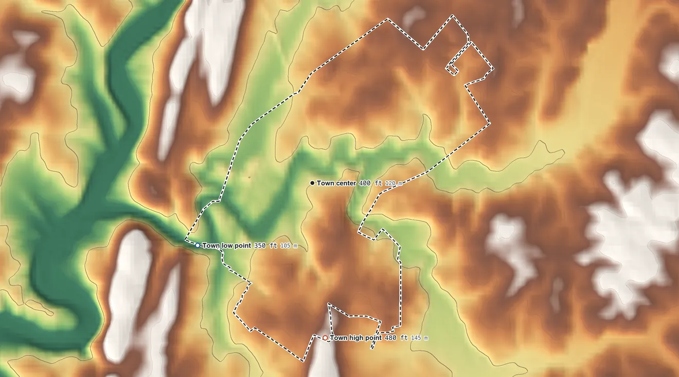 Topographic elevation map of Keedysville, Maryland, shaded from 350 ft on the southwest side to 480 ft on the south edge, below higher ground just outside
