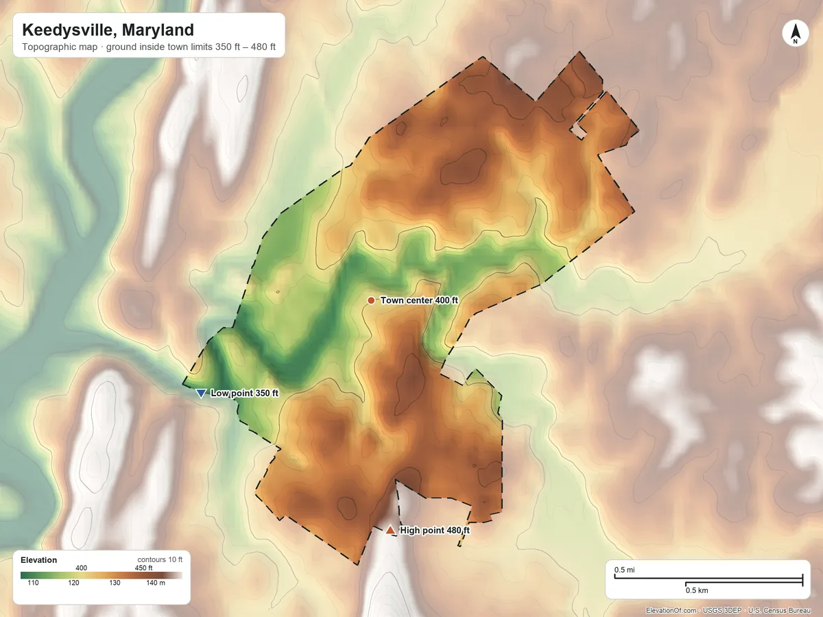 Topographic elevation map of Keedysville, Maryland, shaded from 350 ft on the southwest side to 480 ft on the south edge, below higher ground just outside