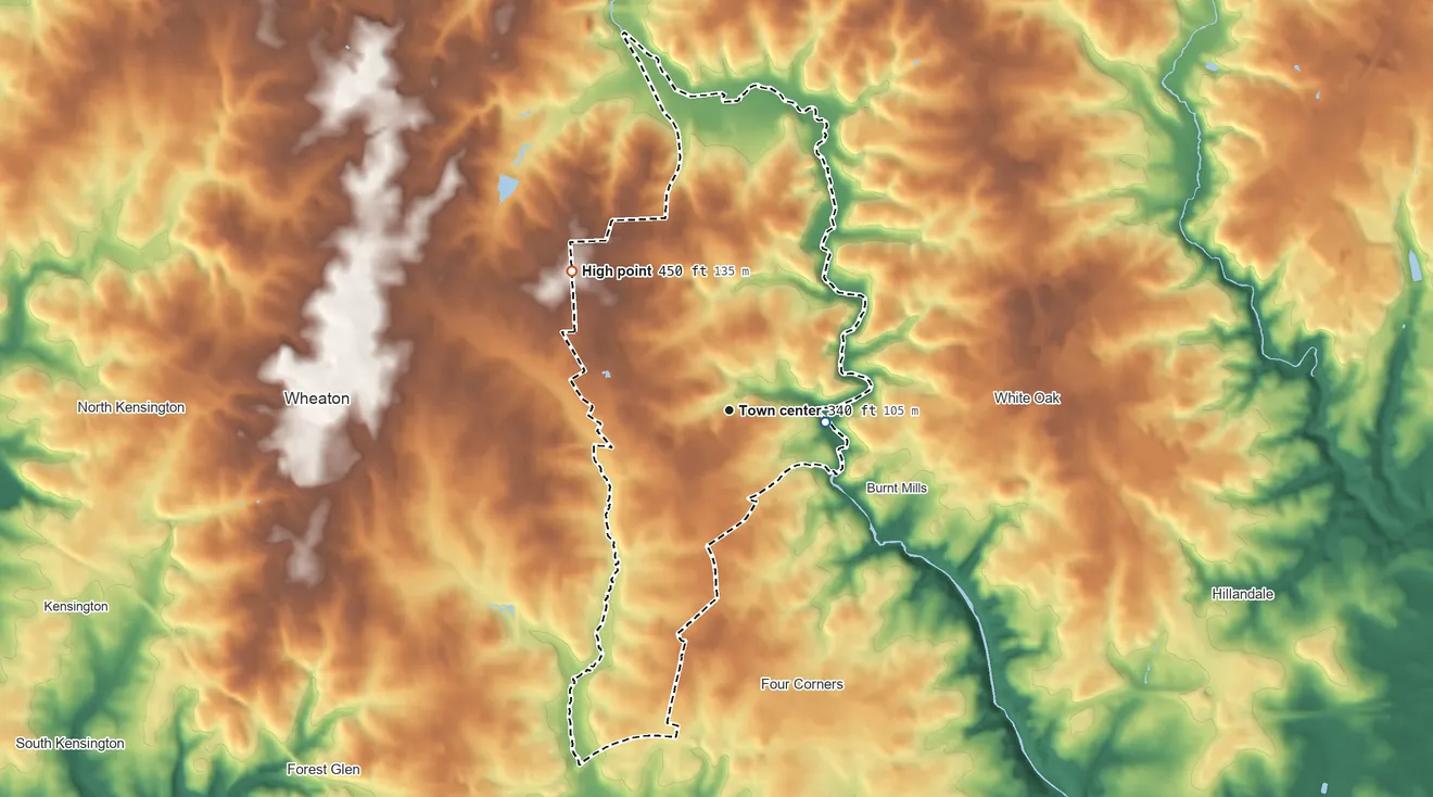 Topographic elevation map of Kemp Mill, Maryland, shaded from 230 ft on the east side to 450 ft on the northwest side