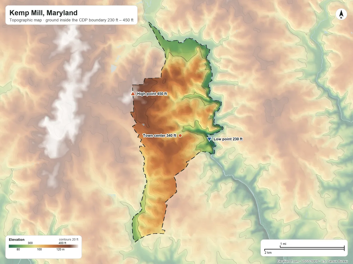 Topographic elevation map of Kemp Mill, Maryland, shaded from 230 ft on the east side to 450 ft on the northwest side