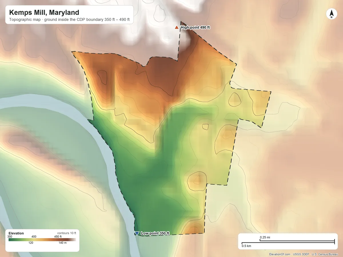 Topographic elevation map of Kemps Mill, Maryland, shaded from 350 ft on the south side to 490 ft on the north side