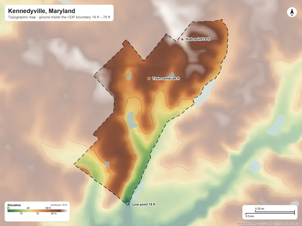 Topographic elevation map of Kennedyville, Maryland, shaded from 19 ft on the south side to 79 ft on the northeast side