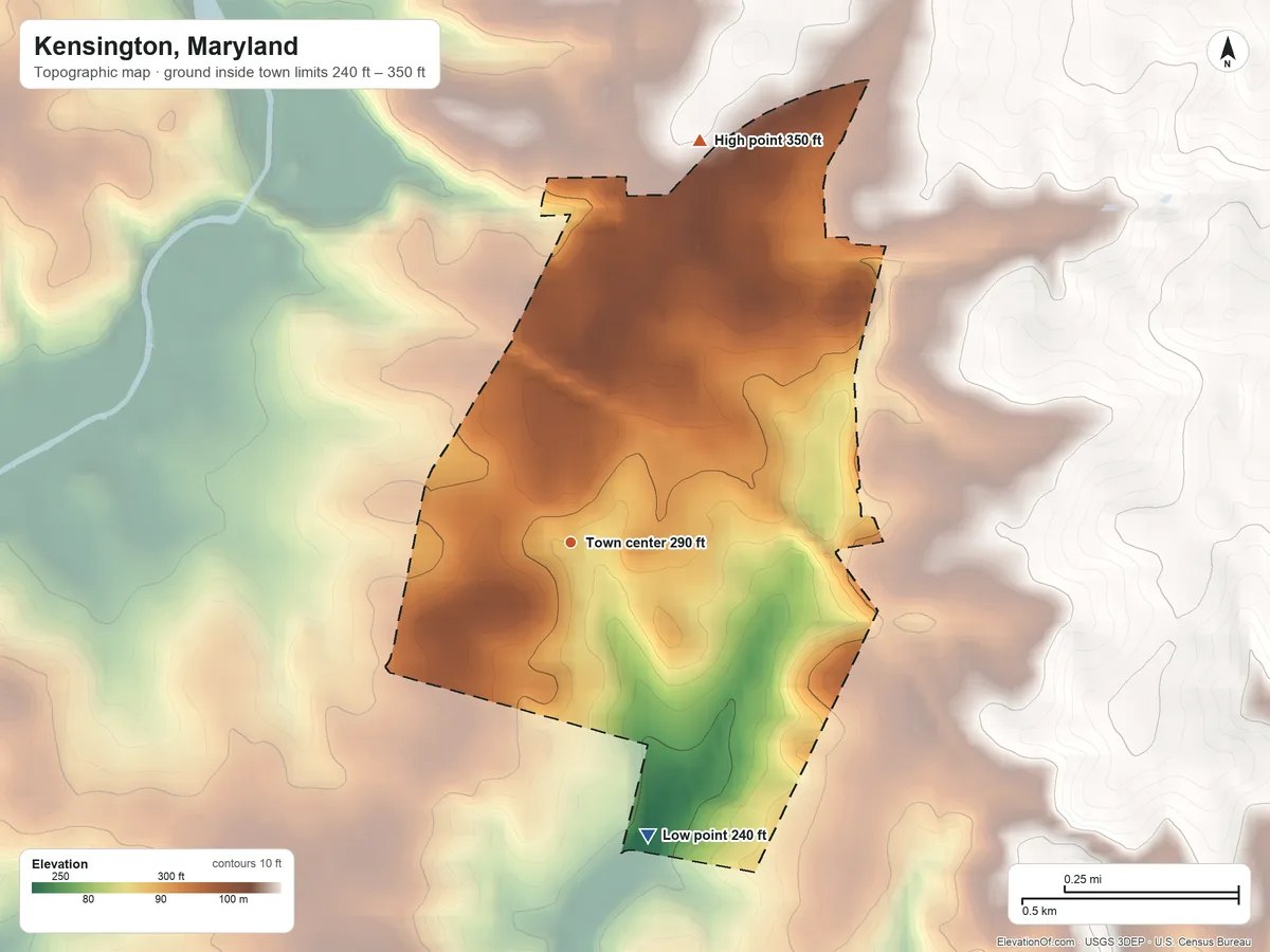 Topographic elevation map of Kensington, Maryland, shaded from 240 ft on the south side to 350 ft on the north side