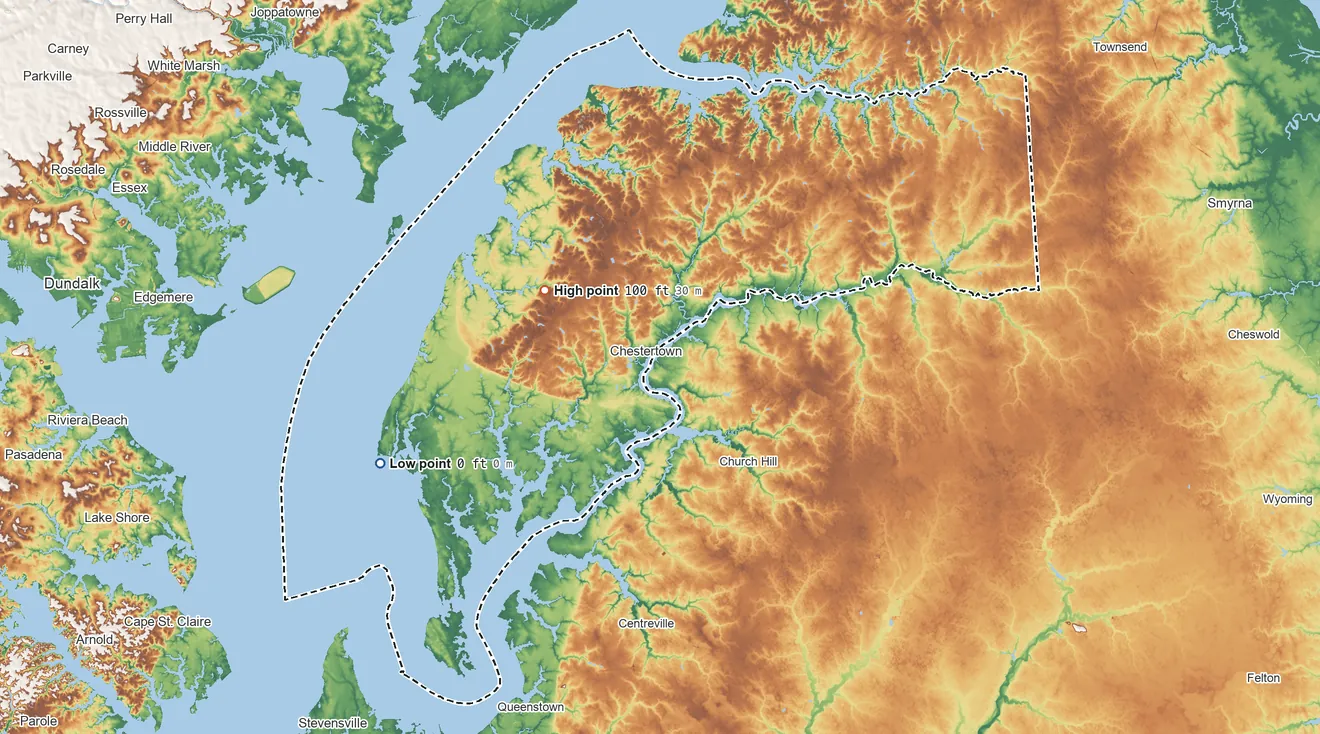 Topographic elevation map of Kent County, Maryland, shaded from sea level on Chesapeake Bay to 100 ft on the northwest side