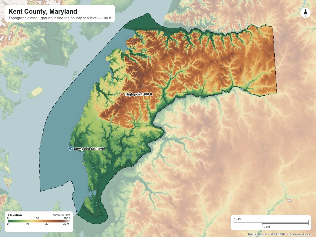 Topographic elevation map of Kent County, Maryland, shaded from sea level on Chesapeake Bay to 100 ft on the northwest side