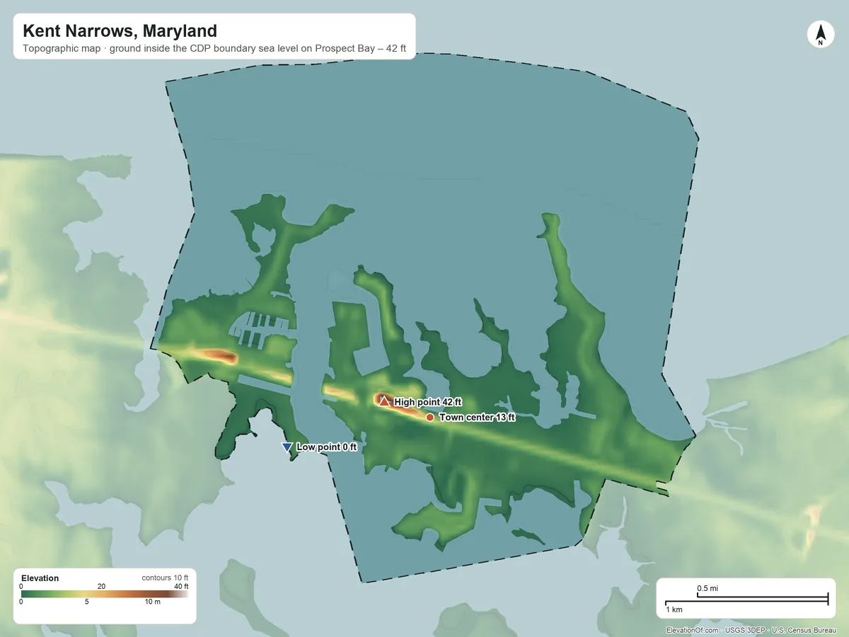 Topographic elevation map of Kent Narrows, Maryland, shaded from sea level level on Prospect Bay to 42 ft near the middle