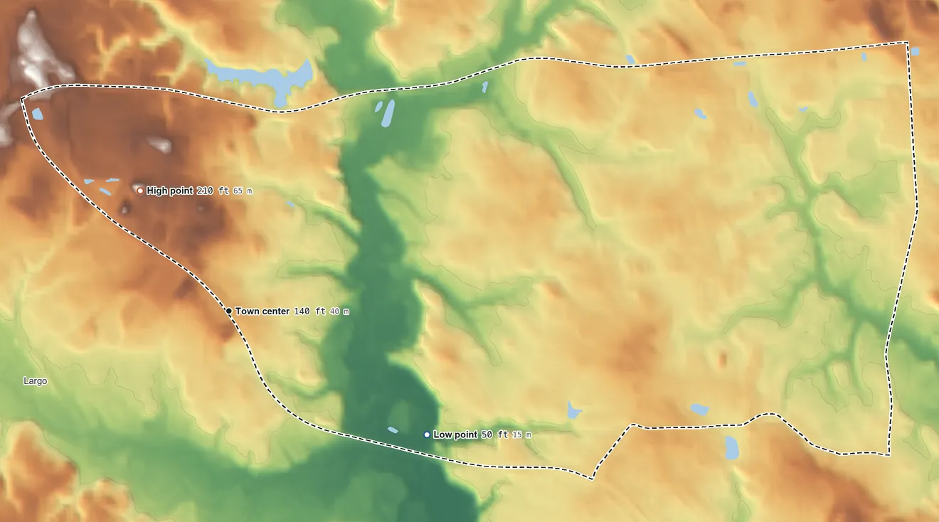 Topographic elevation map of Kettering, Maryland, shaded from 50 ft on the southeast side to 210 ft on the northwest side