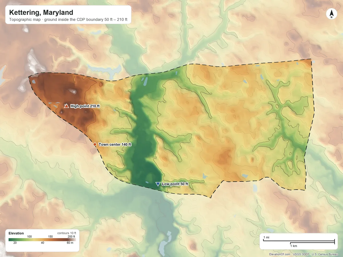 Topographic elevation map of Kettering, Maryland, shaded from 50 ft on the southeast side to 210 ft on the northwest side