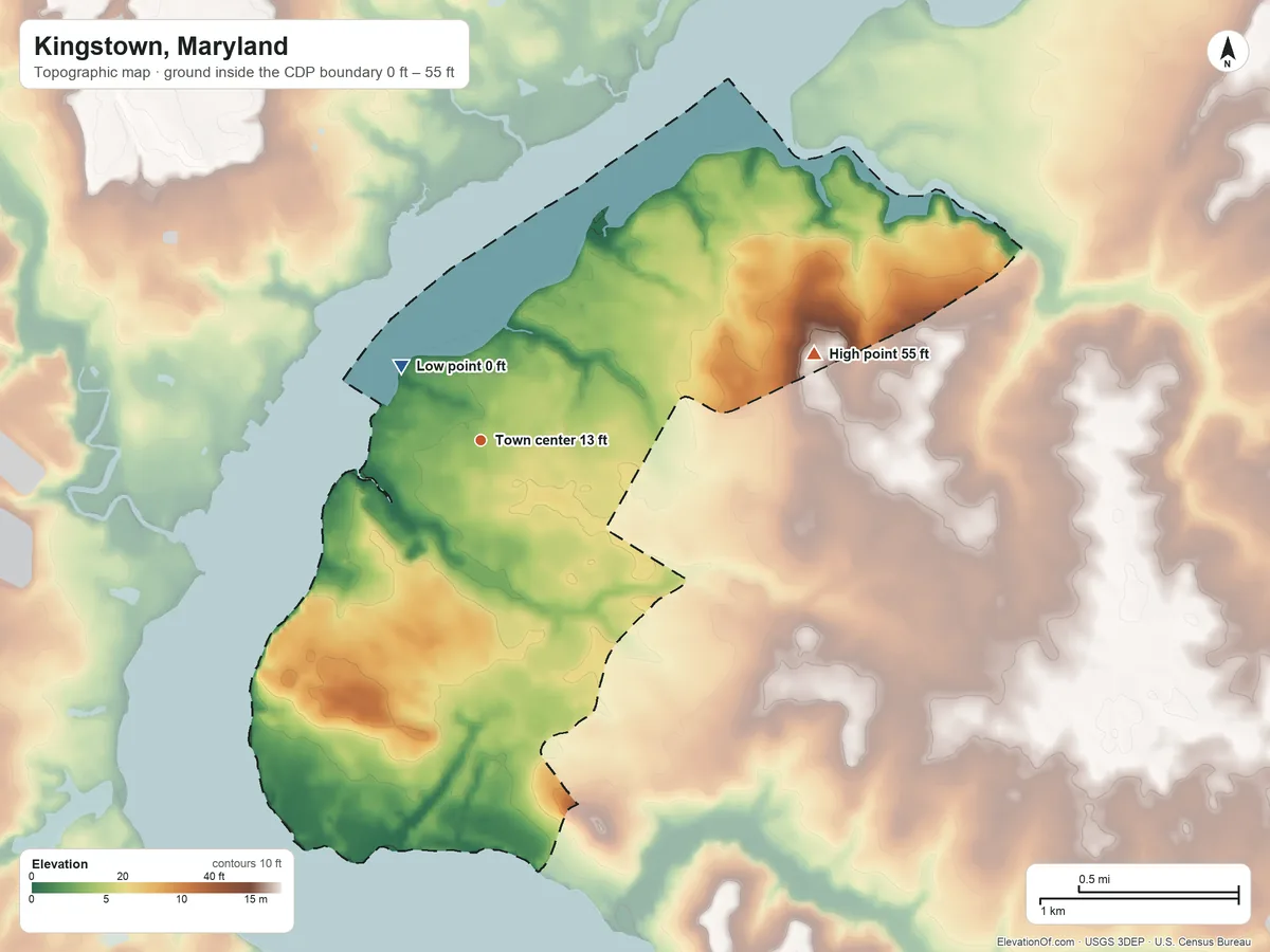 Topographic elevation map of Kingstown, Maryland, shaded from 0 ft near the middle to 55 ft on the east side