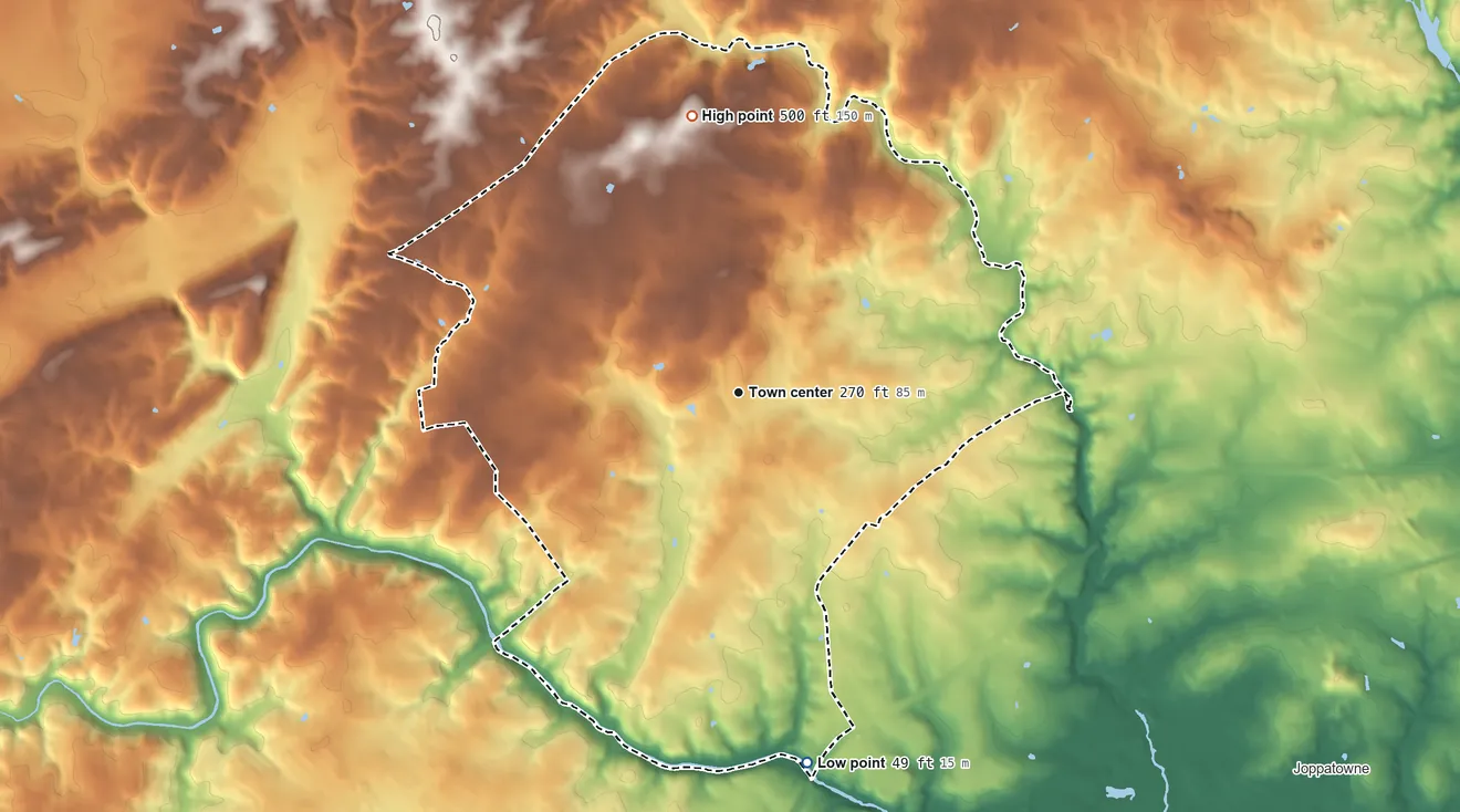 Topographic elevation map of Kingsville, Maryland, shaded from 49 ft on the south side to 500 ft on the north side