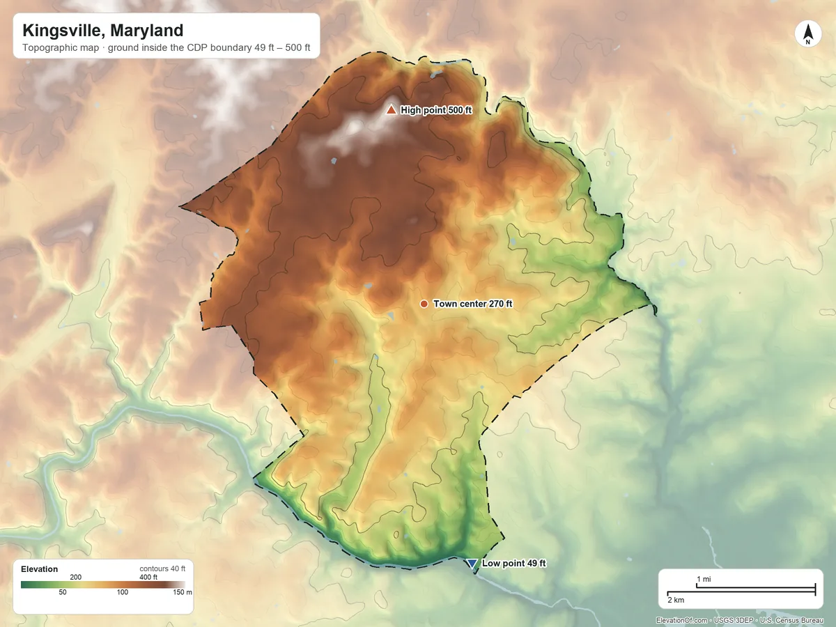 Topographic elevation map of Kingsville, Maryland, shaded from 49 ft on the south side to 500 ft on the north side