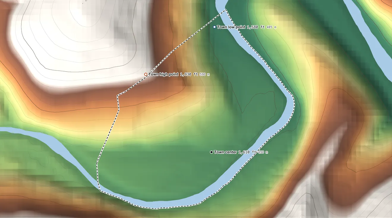Topographic elevation map of Kitzmiller, Maryland, shaded from 1,580 ft on the north side to 1,930 ft on the northwest edge, below higher ground just outside