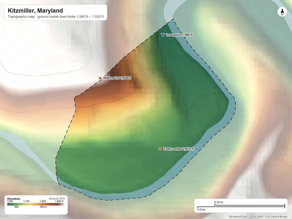 Topographic elevation map of Kitzmiller, Maryland, shaded from 1,580 ft on the north side to 1,930 ft on the northwest edge, below higher ground just outside