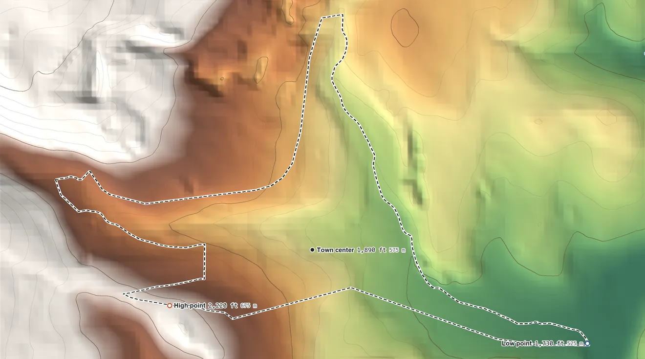 Topographic elevation map of Klondike, Maryland, shaded from 1,730 ft on the east side to 2,220 ft on the west edge, below higher ground just outside