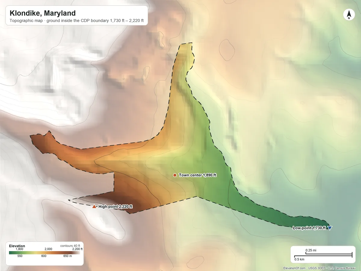 Topographic elevation map of Klondike, Maryland, shaded from 1,730 ft on the east side to 2,220 ft on the west edge, below higher ground just outside