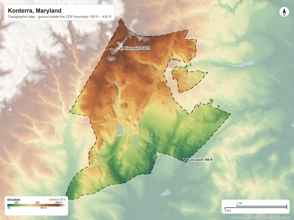 Topographic elevation map of Konterra, Maryland, shaded from 160 ft on the southeast side to 430 ft on the north side