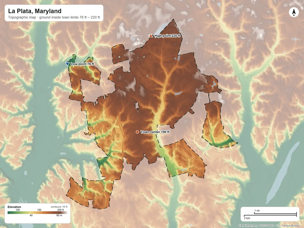 Topographic elevation map of La Plata, Maryland, shaded from 76 ft on the northwest side to 220 ft on the north side