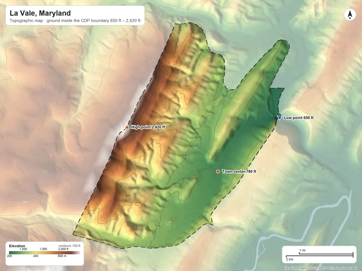 Topographic elevation map of La Vale, Maryland, shaded from 650 ft on the northeast side to 2,420 ft on Piney Mountain