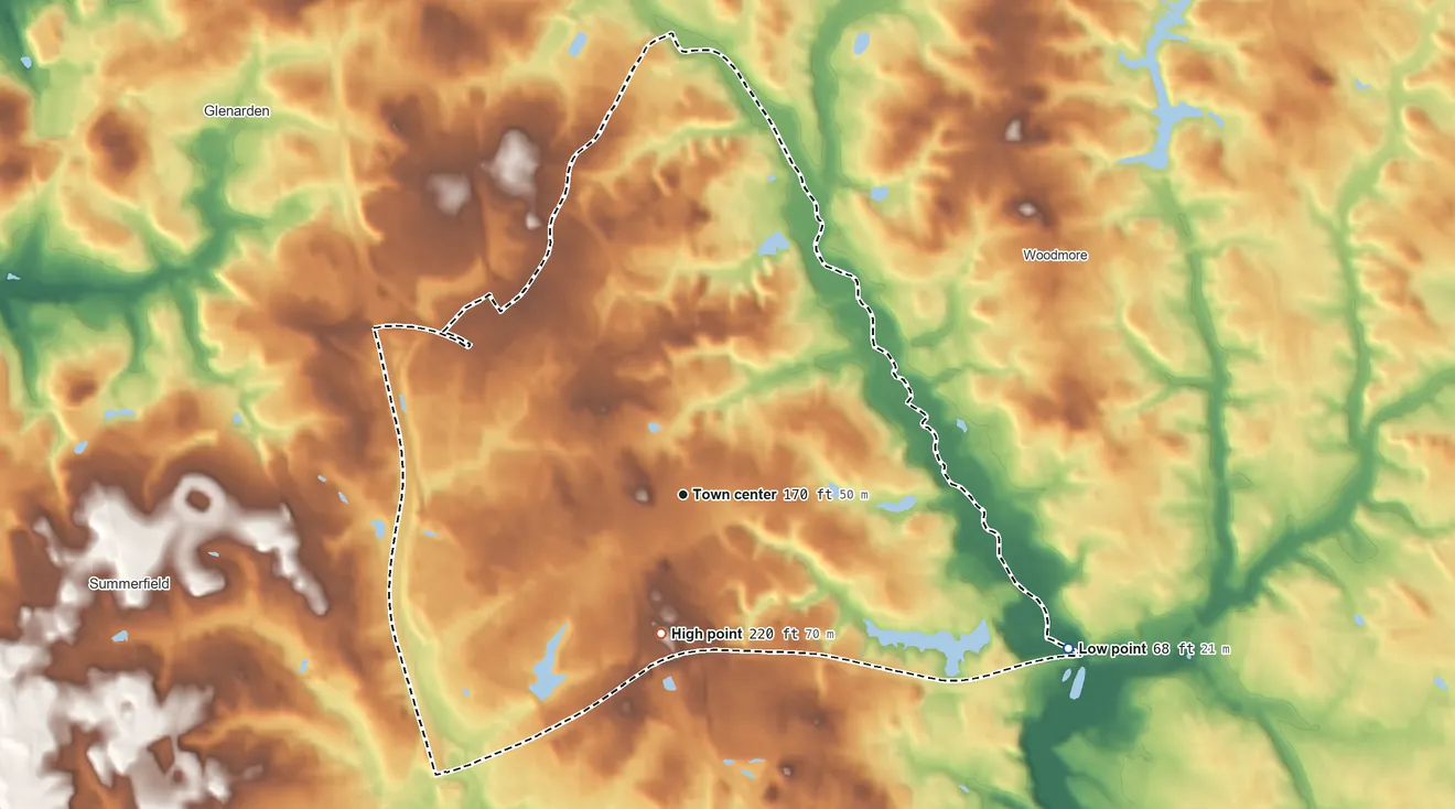 Topographic elevation map of Lake Arbor, Maryland, shaded from 68 ft on the east side to 220 ft on the south side