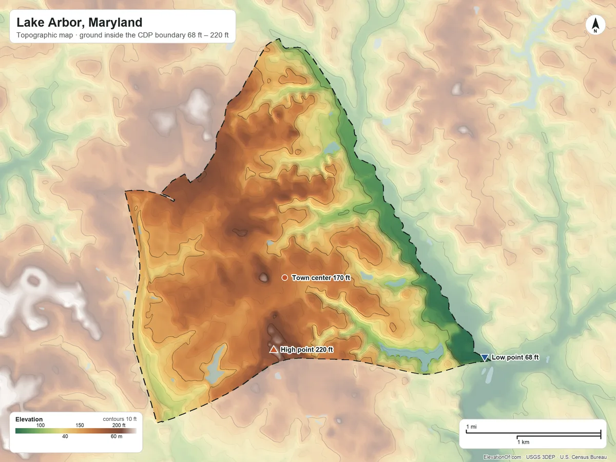 Topographic elevation map of Lake Arbor, Maryland, shaded from 68 ft on the east side to 220 ft on the south side