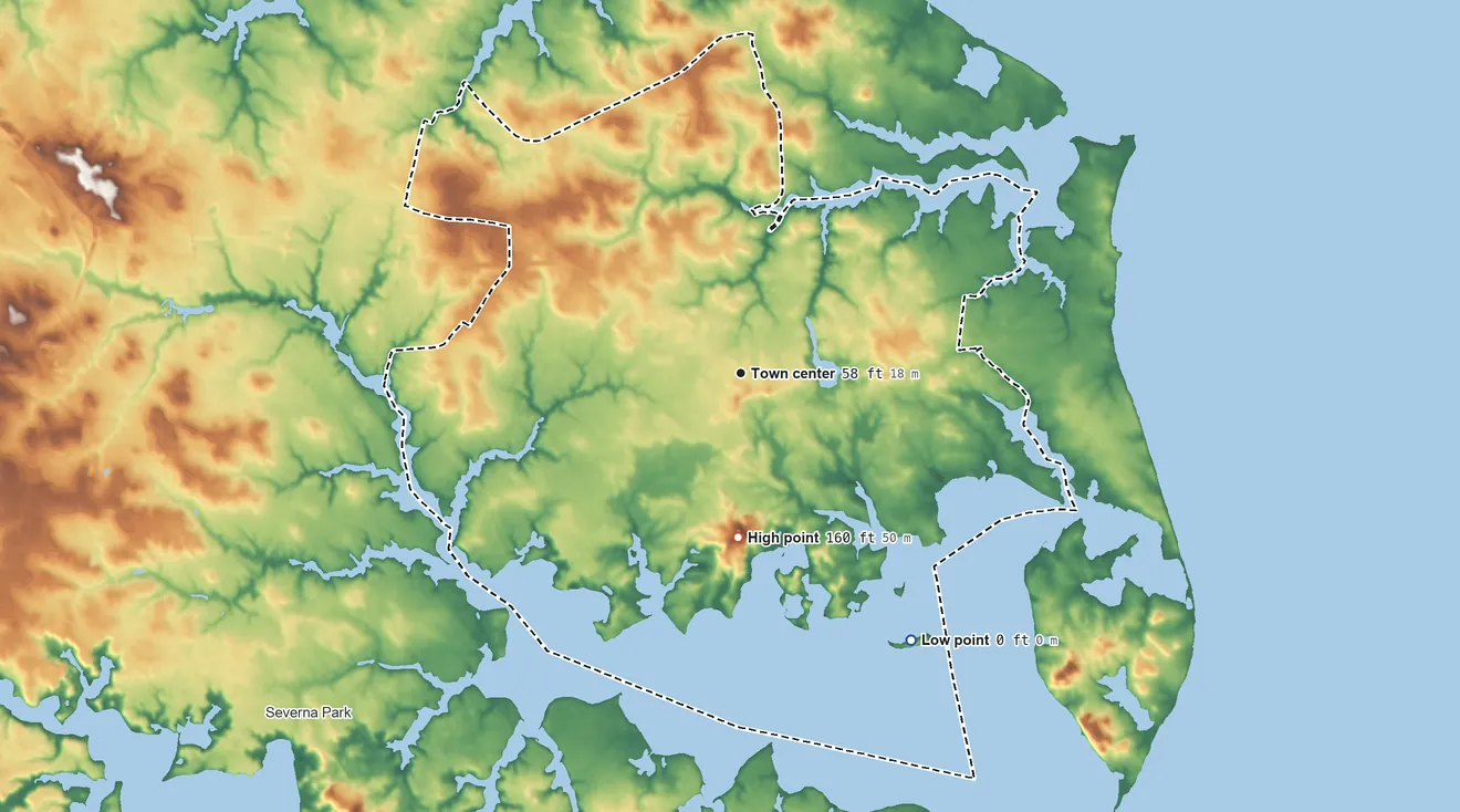 Topographic elevation map of Lake Shore, Maryland, shaded from sea level level on Sillery Bay to 160 ft on Eagle Hill