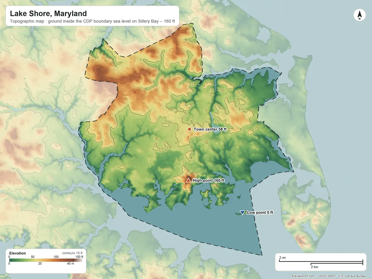 Topographic elevation map of Lake Shore, Maryland, shaded from sea level level on Sillery Bay to 160 ft on Eagle Hill