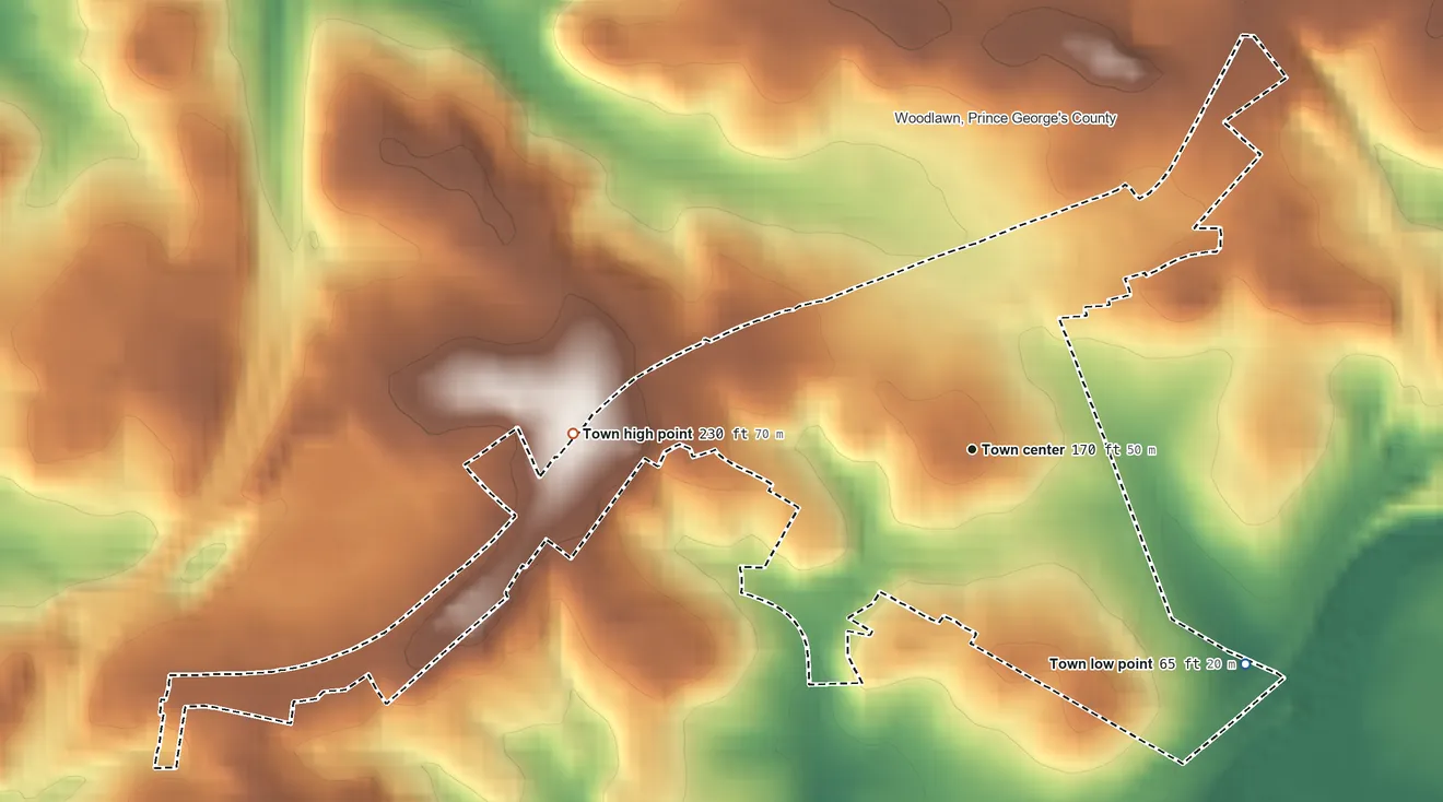 Topographic elevation map of Landover Hills, Maryland, shaded from 65 ft on the southeast side to 230 ft on the west side