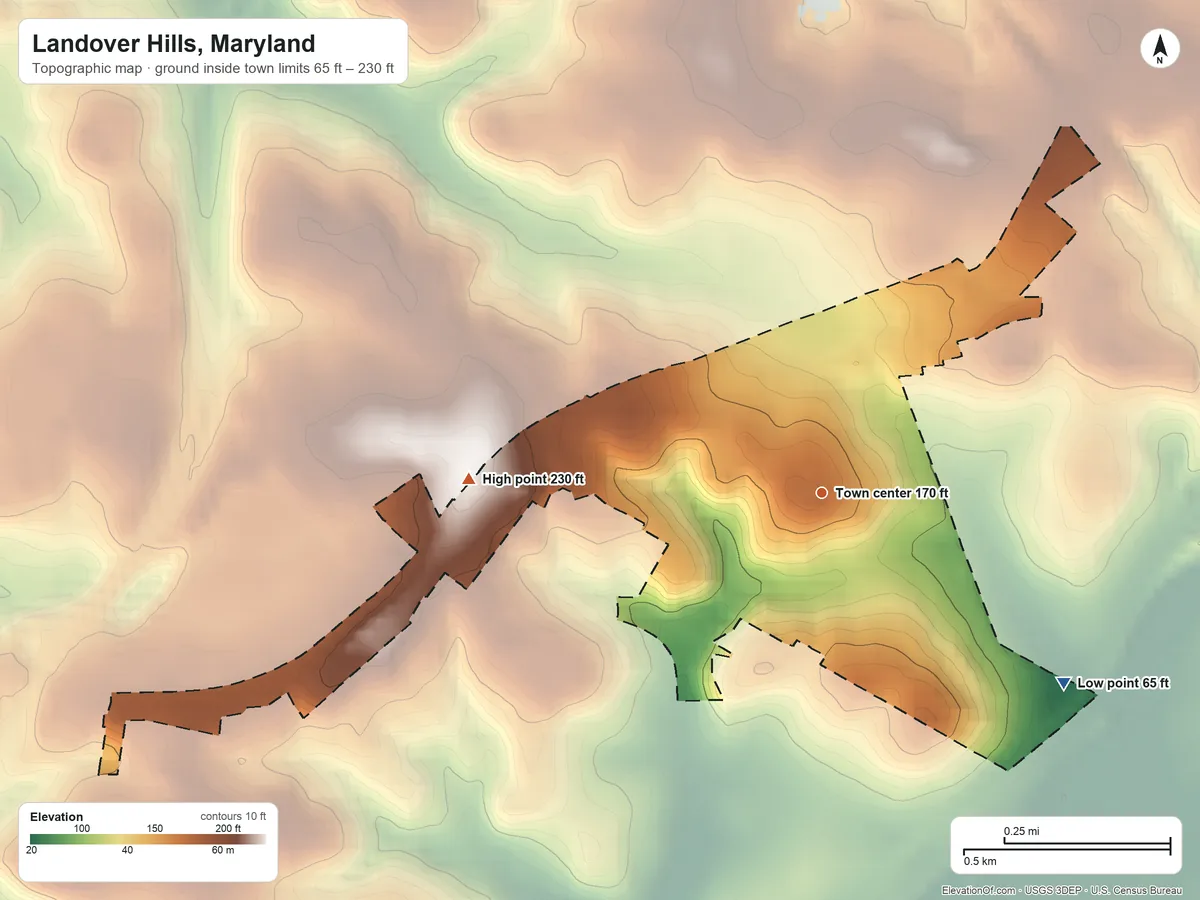 Topographic elevation map of Landover Hills, Maryland, shaded from 65 ft on the southeast side to 230 ft on the west side