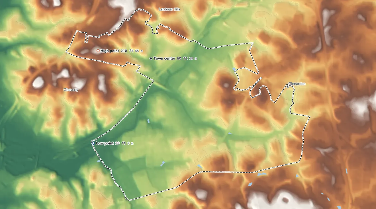 Topographic elevation map of Landover, Maryland, shaded from 30 ft on the southwest side to 210 ft on the west side