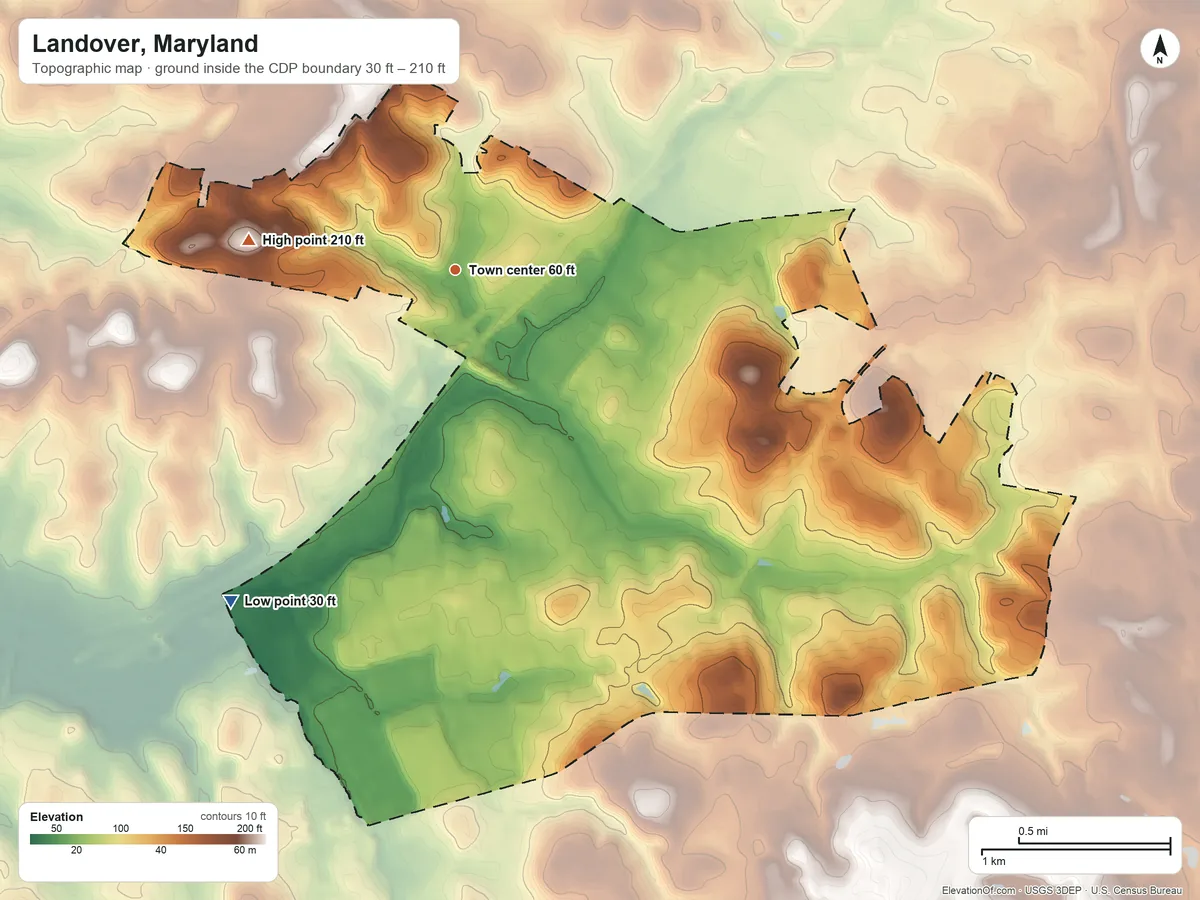 Topographic elevation map of Landover, Maryland, shaded from 30 ft on the southwest side to 210 ft on the west side