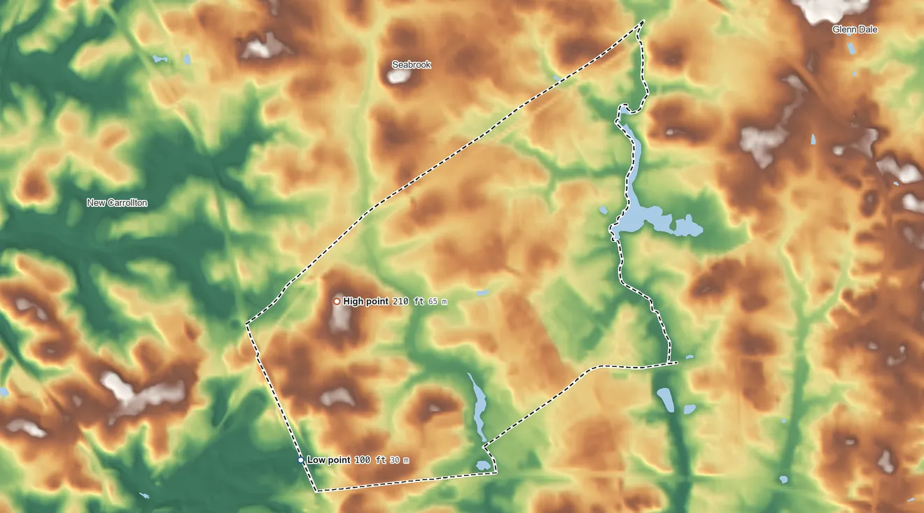 Topographic elevation map of Lanham, Maryland, shaded from 100 ft on the southwest side to 210 ft on the west side